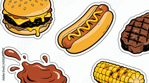 A vibrant, stylized illustration of a cheeseburger and dripping sauce. Perfect for food blogs, restaurant menus, or fast-food advertising, evoking a s