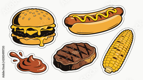 This vibrant illustration showcases a classic cheeseburger with dripping sauce, evoking feelings of indulgence and appetite. Perfect for food blogs, m