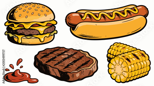 A vibrant cartoon illustration of a cheeseburger with dripping cheese and ketchup. Perfect for food blogs, restaurant menus, or fast food advertising 