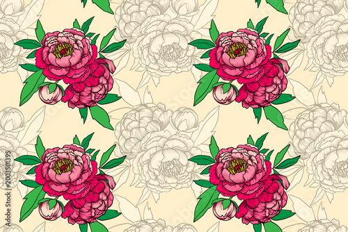Seamless peony pattern. Floral background with pink peonies. Spring botanical backdrop for wallpaper, wall murals, weddings, fabrics, wrapping paper, and greeting cards. Engraving. Vector
