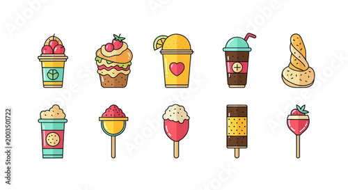Colorful cartoon assorted beverages and desserts