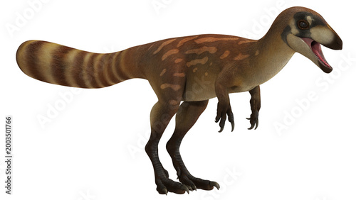 Foto Illustration of a feathered dinosaur in motion