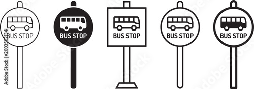 Set of five different bus stop sign icons with various styles including thin line, solid silhouette, geometric outline, rounded stroke, and bold line design for public transport Vector
