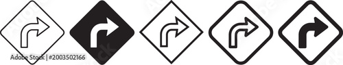 Set of black and white turn right arrow road signs in different graphic styles including thin outline bold solid silhouette geometric rounded and thick line design for traffic navigation Vector