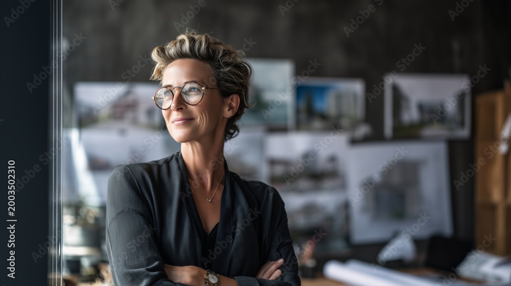 Fototapeta premium Female architect standing with arms crossed, smiling, looking through window in her studio