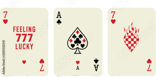 Vintage Lucky 777 Playing Cards Set with Ace Spade and Flaming Heart for Casino, Poker, and Gambling Design Projects