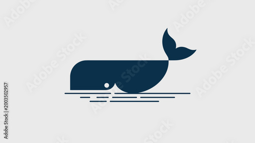 Geometric whale with navy water ripples - Great for children's swimwear, oceanography apps, or seafood restaurant icons.