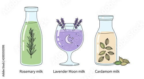 Herbal milk drinks in bottles glasses.