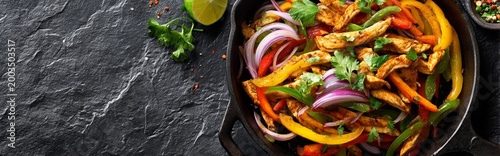 Chicken fajitas with colorful bell peppers and onions in a hot skillet
