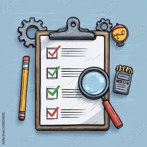 Clipboard with checklist and gear icon, Task management, process optimization, and workflow automation