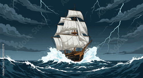Illustration of a wooden galleon ship sailing through a violent ocean storm with large crashing waves and bright lightning strikes against a dark, dramatic cloudy sky background.