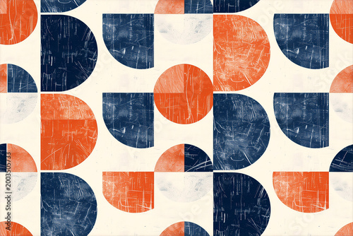 Textured geometric abstract retro seamless pattern with orange and navy shapes grunge modern background