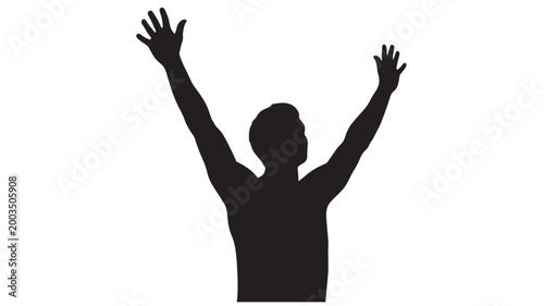 Man Silhouette Raising Arms Up In Air On White Background For Victory Concepts