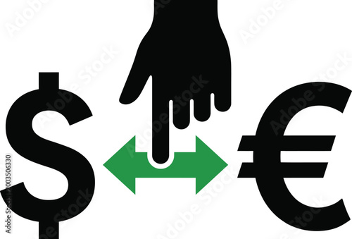 Black hand pointing between dollar and euro symbols with green arrows