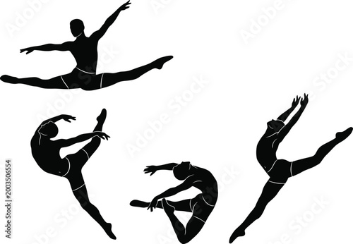 Photos A dynamic vector graphic illustration featuring multiple black silhouettes of dancers in various acrobatic and ballet-inspired poses, showcasing athleticism and grace