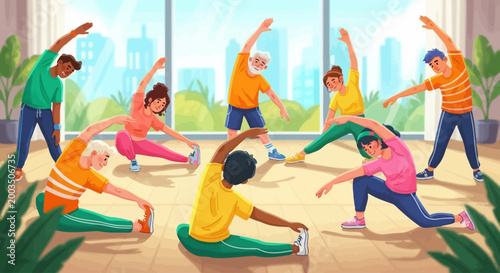 People doing yoga in studio.