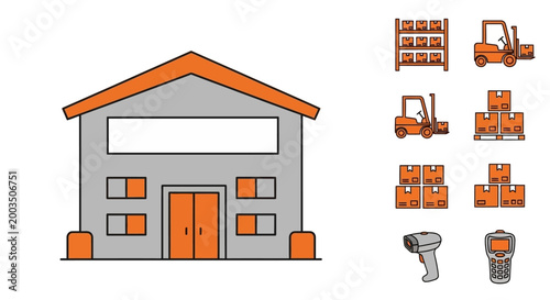 Warehouse with orange forklifts and boxes.