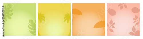 Summer tropical backgrounds set with leaves, palm trees and beach umbrellas, vector illustration