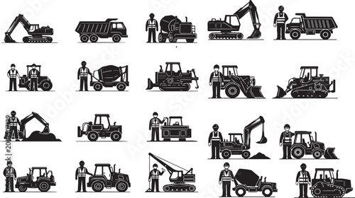 Collection of construction vehicles and workers in black and white icons on a white background