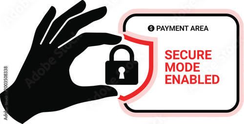 Secure payment area with hand holding padlock and shield, secure mode enabled