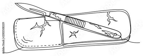 Medical scalpel and surgical equipment continuous line art, surgery tool one line illustration, healthcare sketch