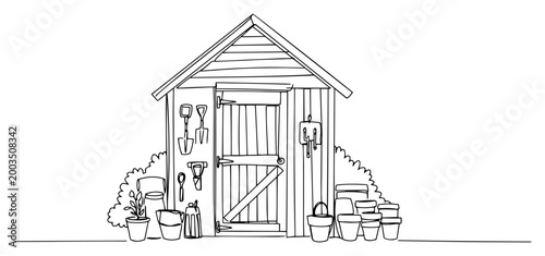 Garden shed with tools line art, wooden backyard storage illustration, gardening hobbies sketch