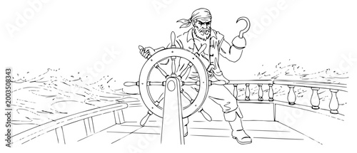 Pirate captain at ship steering wheel on stormy sea line art illustration, maritime adventure sailing sketch