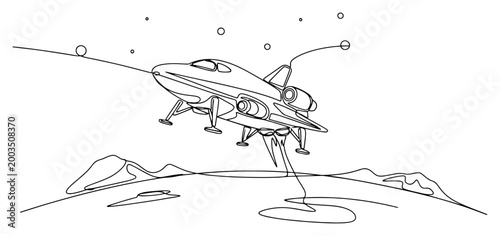 Spaceship landing on planet surface continuous line art, moon mission shuttle one line illustration, space exploration