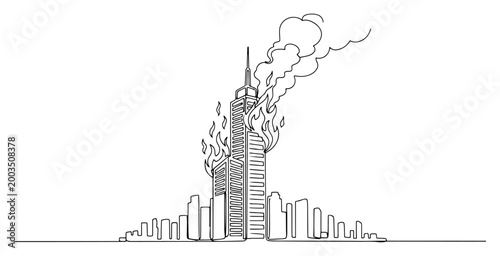Billede på lærred Burning skyscraper in city continuous line art, building on fire catastrophe one