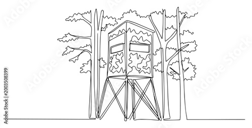 Hunting blind tower in forest continuous line art, woodland observation stand one line illustration, lookout tower drawing