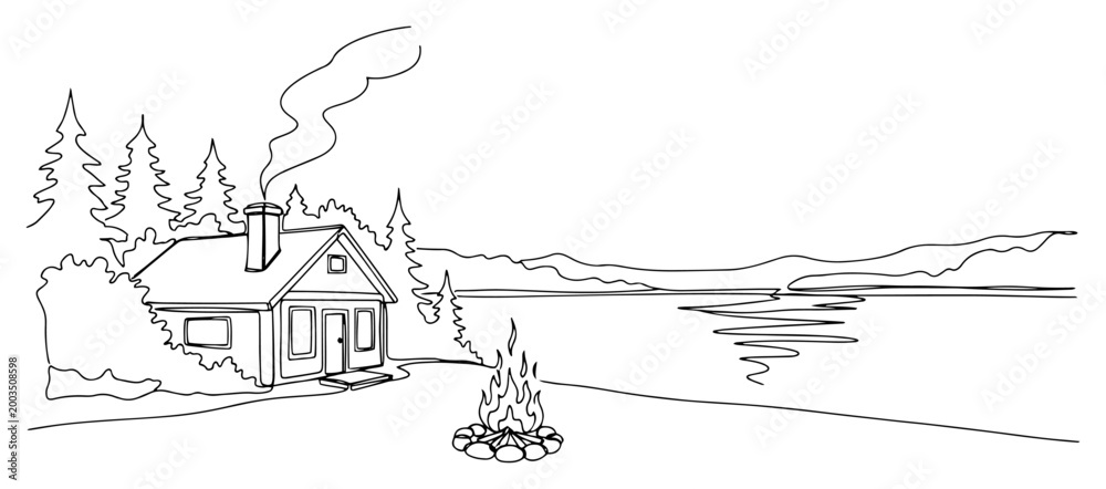 Naklejka premium Cabin by a lake in forest with campfire continuous line art, mountain landscape one line illustration