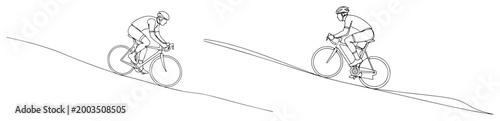 Cyclists riding uphill and downhill continuous line art, minimalist bicycle sport racing one line illustration