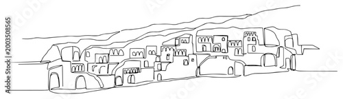 Middle Eastern or Mediterranean old village continuous line art, hillside town architecture one line illustration