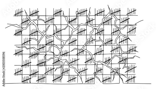Tally marks on cracked wall continuous line art, counting days in prison or survival one line illustration