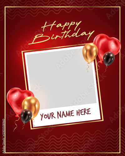 Elegant Happy Birthday Photo Frame Template with Red Heart, Gold, and Black Balloons on a Textured Red Background, Customizable Vector Graphic Vector illustration