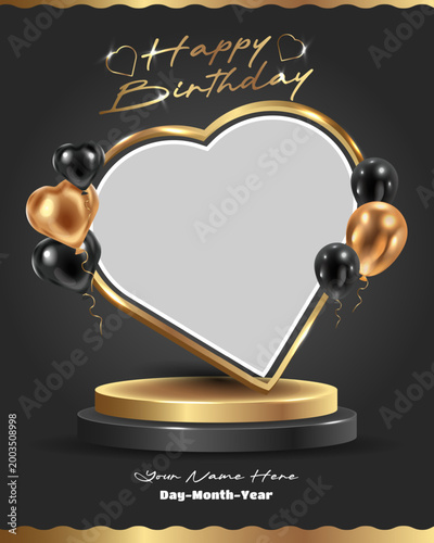 Luxury Happy Birthday Photo Frame Vector Template with Golden Heart, Black & Gold Balloons, Podium, and Customizable Text on Dark Background Vector illustration
