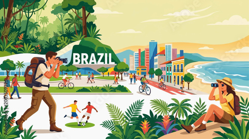 Brazil travel and culture illustration with tourist activities, beach, and landmarks