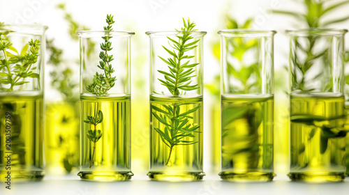 Fresh green herbs are immersed in test tubes containing clear liquid, suggesting botanical research, natural medicine, or organic skincare development in a lab setting.