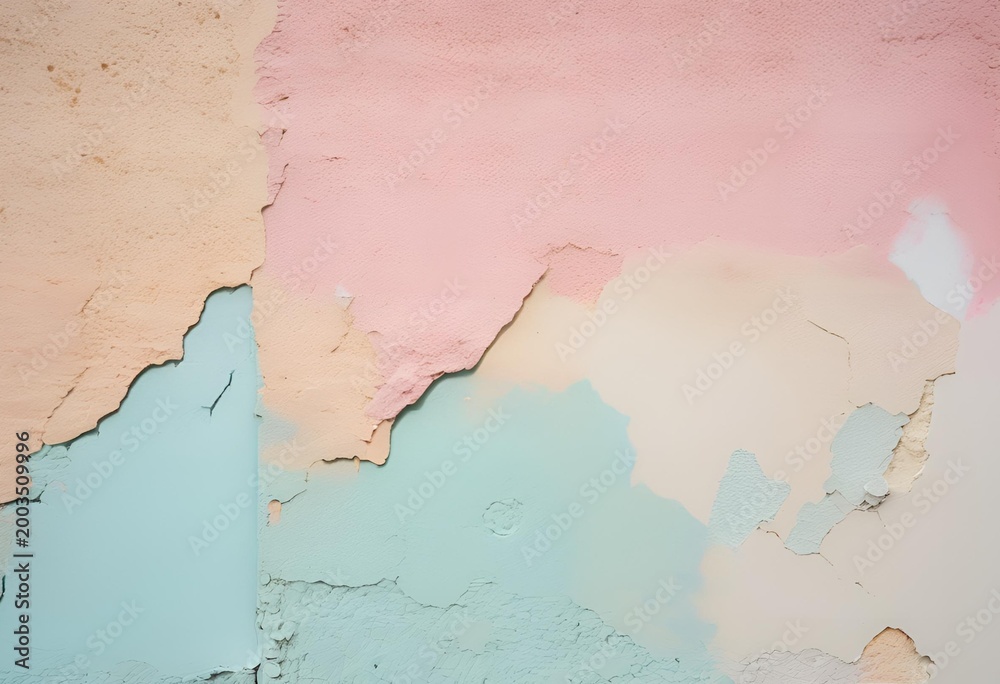 Obraz premium Weathered pastel painted wall with peeling layers revealing textured surface and soft artistic color transitions.