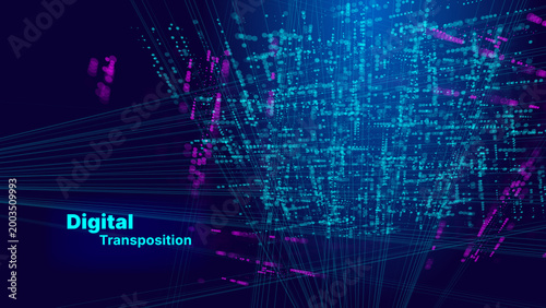 A glowing blue and cyan vector grid of dots and lines forms a complex 3D data matrix in this futuristic background. The abstract digital network suggests information flow and includes the text.