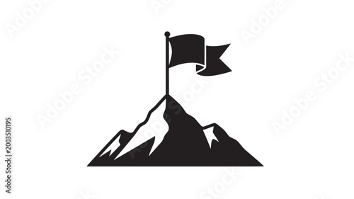 Black Mountain Peak With Flag On Top Isolated On White For Success And Achievement Concepts