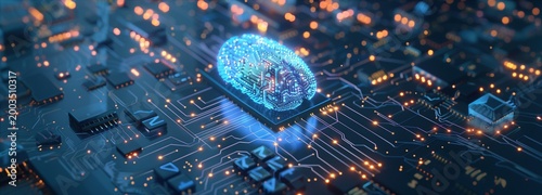 Digital Brain: A mesmerizing view of a circuit board comes alive, showcasing a glowing digital brain, symbolizing innovation, the future, and technological prowess.