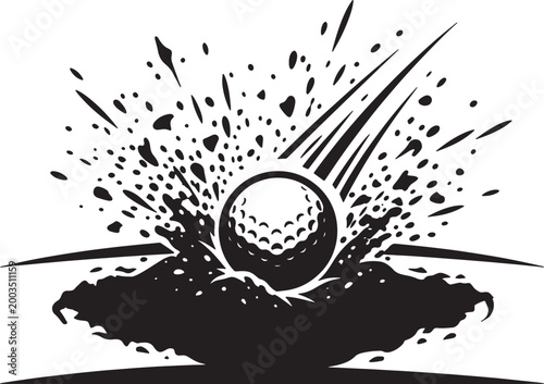 Foto Dynamic golf ball hitting sand trap creating explosive dust particles black icon design for sporting event graphics isolated on transparent background vector art