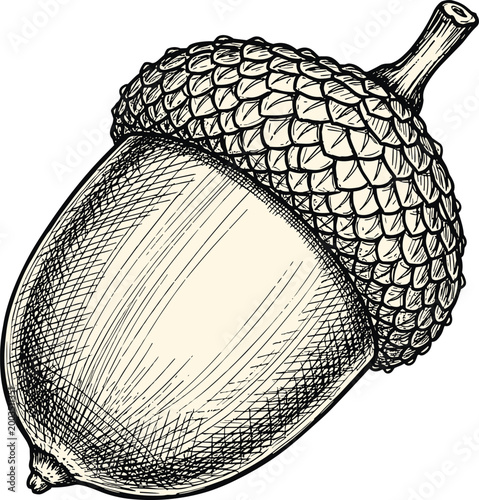 Photos Black and White Hand Drawn Sketch Acorn with Textured Cap and Stem for Autumn, N
