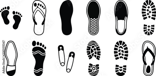 A collection of various vector illustrations displaying diverse human footprints and shoe sole tread designs for use in creative graphic design projects