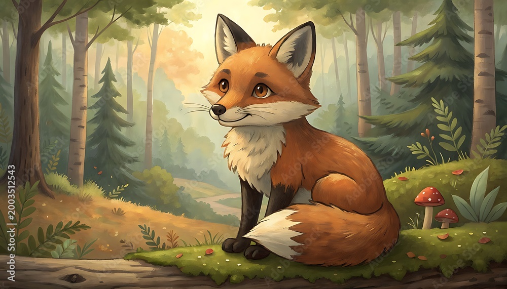 Fototapeta premium Cute cartoon fox sitting in a magical forest setting.