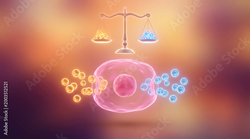 3D cell molecular balance scale golden blue particle ion transport biology medical science
