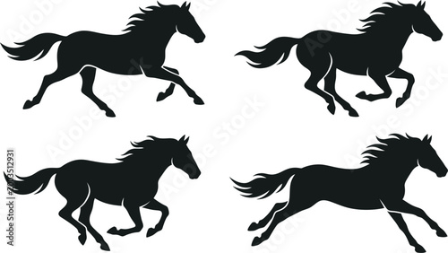 Bild auf Leinwand Four majestic black horse vector graphic illustrations, dynamically captured in running and galloping poses, showcasing powerful forms, flowing manes, and elegant tails