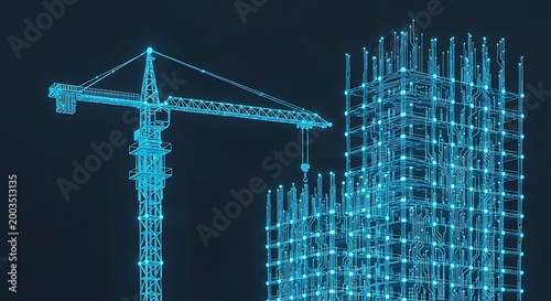 Digital construction futuristic crane and building blueprint