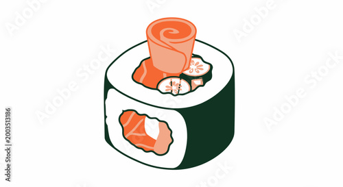 Isometric sushi roll with salmon and cucumber on white background